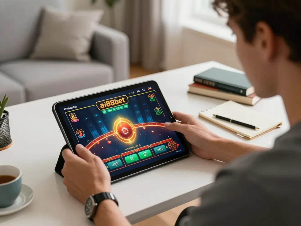 Player enjoying online gaming on ai88bet app with tablet in modern home office.