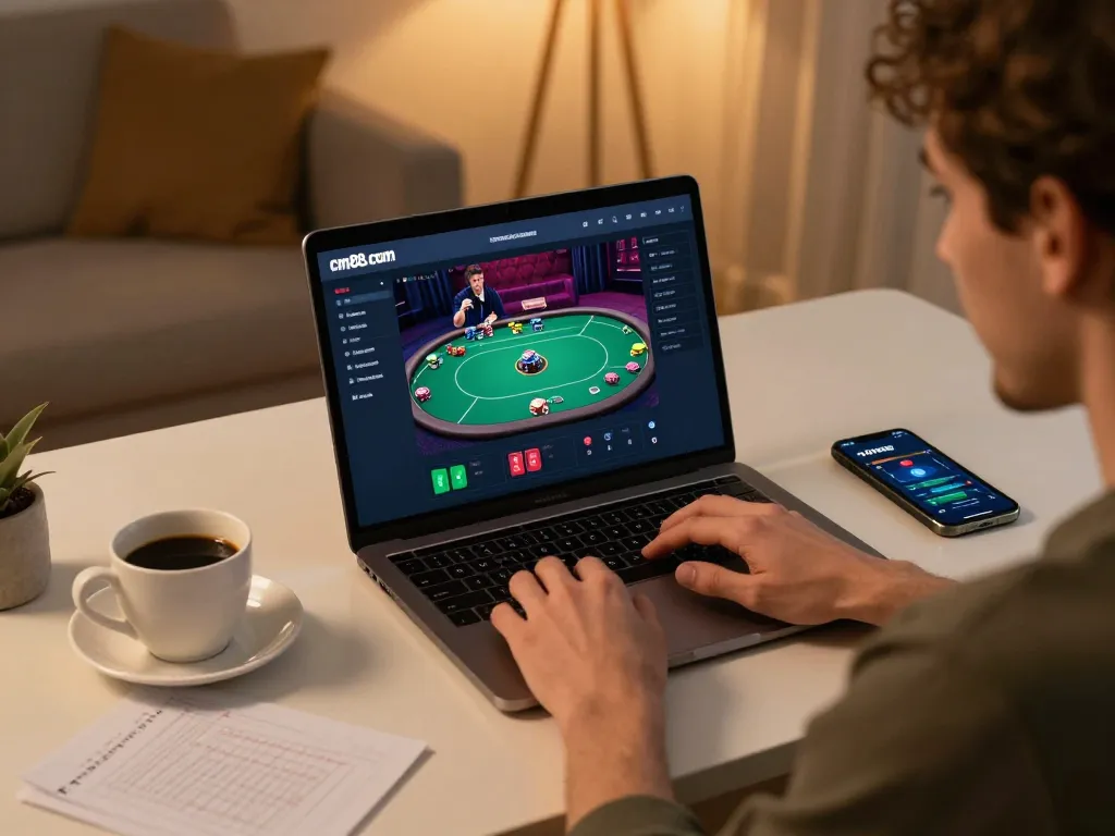 Person engaging with cm88 com online poker game in a cozy home office.