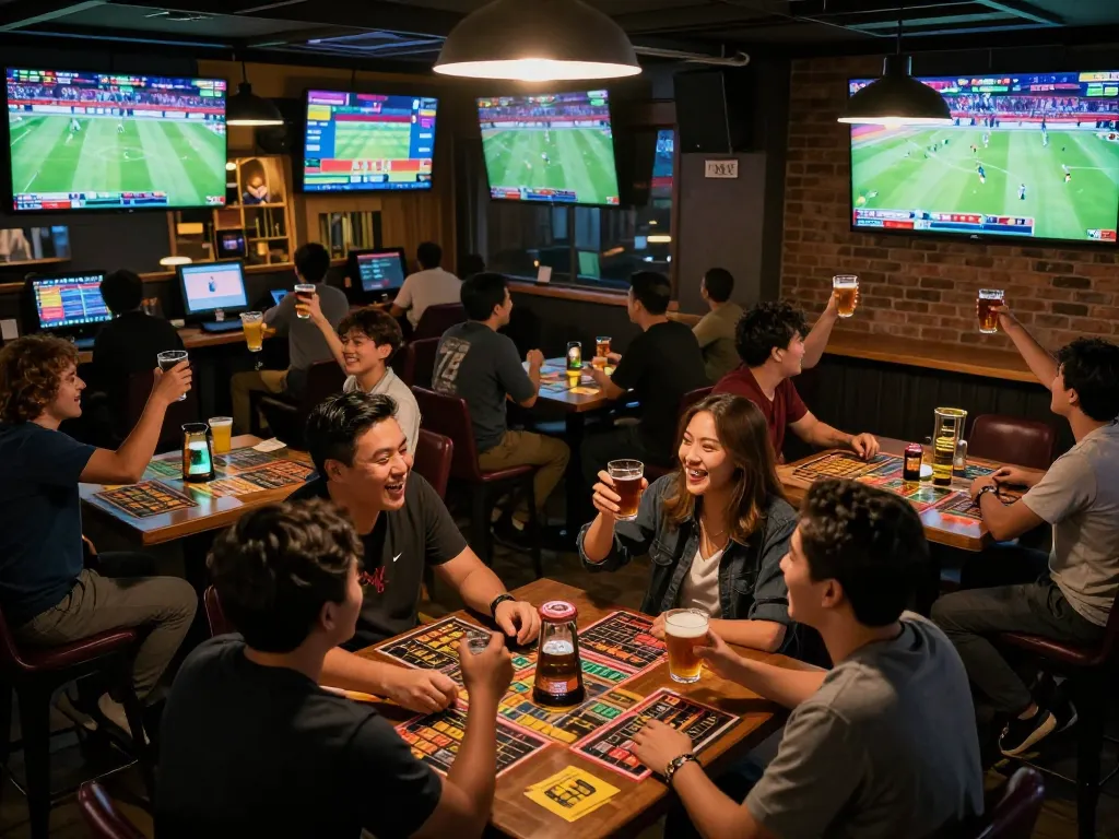 Sahabat yang terlibat melakukan taruhan pada Judi Bola sambil menikmati suasana bar olahraga yang meriah