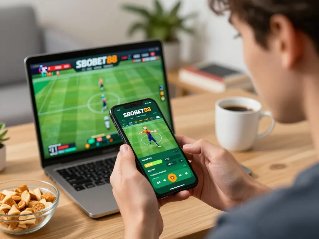 Aplikasi taruhan SBOBET88 ditampilkan di smartphone selama sesi taruhan olahraga yang mendebarkan.