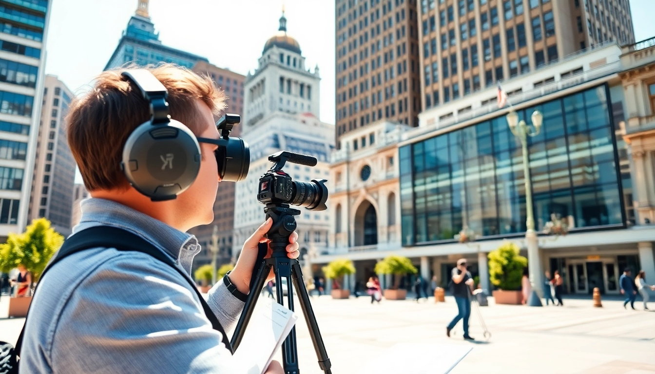 Location scouting by a videographer in a vibrant urban landscape, with iconic landmarks in focus.
