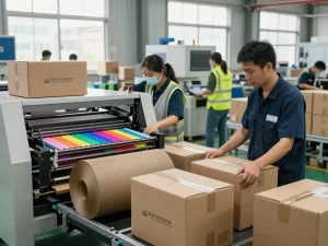 Carton box manufacturing facility showcasing vibrant CMYK printing and teamwork in production.