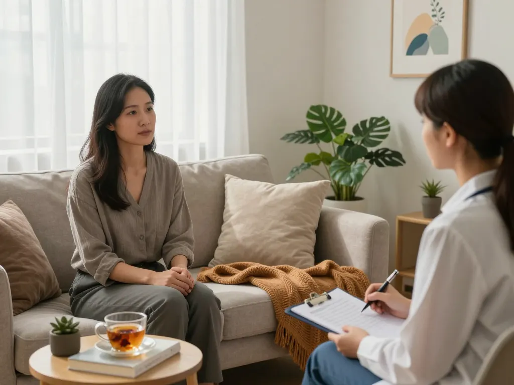 Therapist discussing 情緒病 with a patient in a serene therapy room.