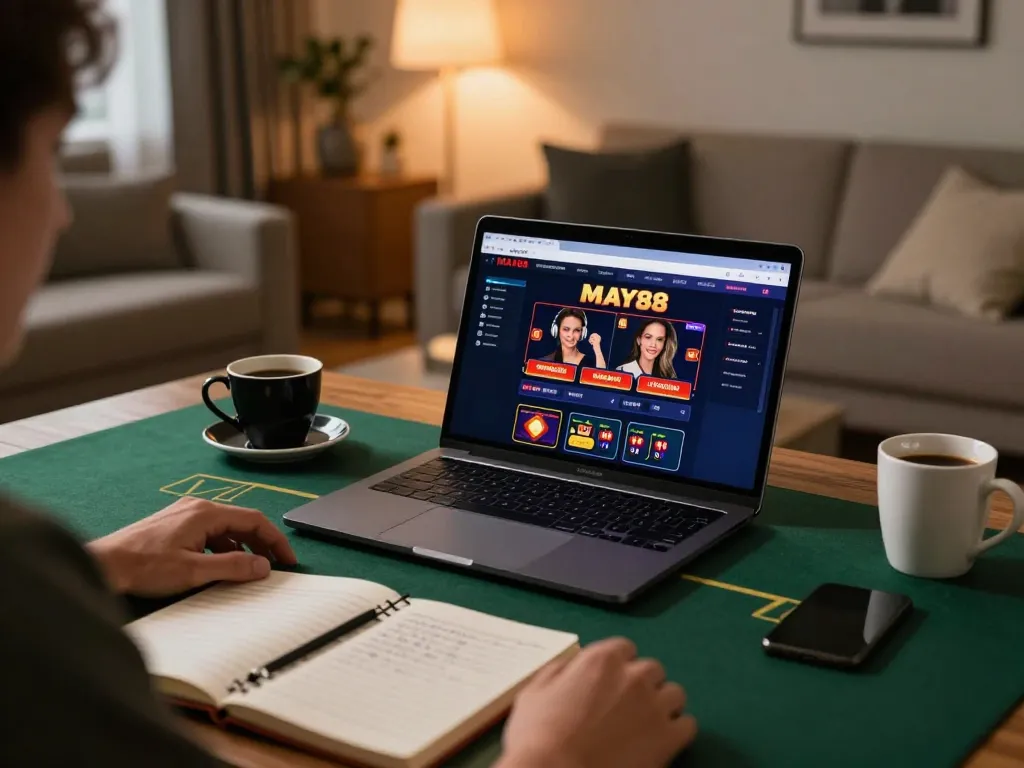 MAY88 online gaming setup with player engaged in a casino game, cozy atmosphere.