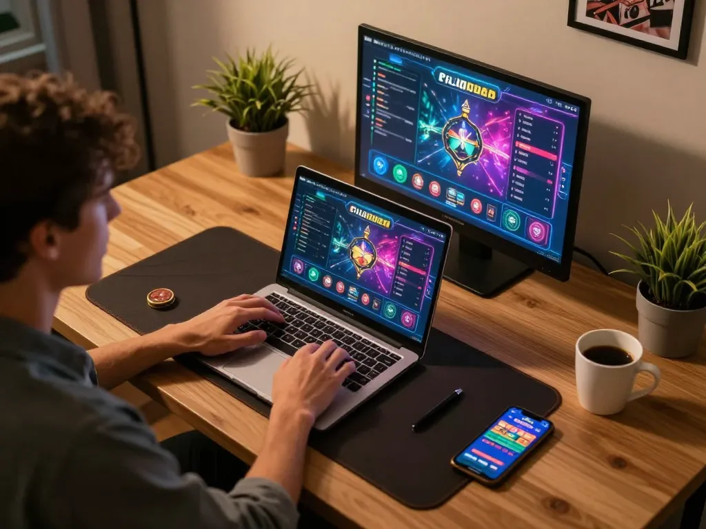 Engaging in online gambling at fly88 with a laptop and casino app visible.