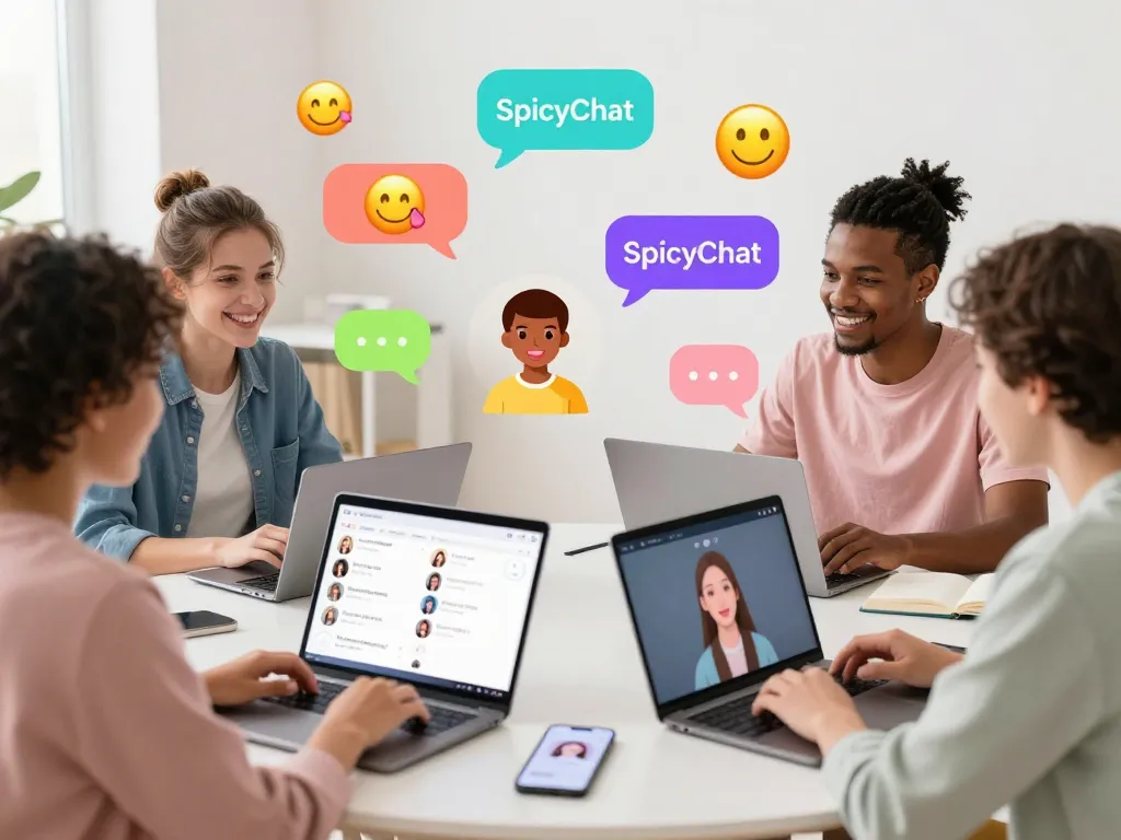 Engaging digital chat scene of friends using SpicyChat for lively conversations.
