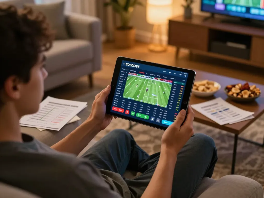 Socolive sports betting excitement at home with a lively betting interface on tablet.