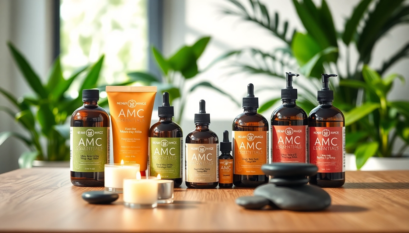 Showcasing AMC Essentials wellness products in a bright, inviting setting with lush plants.