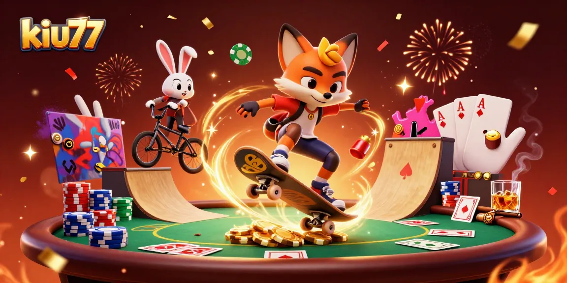 Kiu77 showcases a vibrant 3D casino scene with a fox and rabbit in action, surrounded by poker elements.