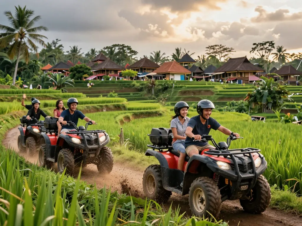 Explore Bali tour packages with adventurous travelers riding ATVs through jungles and rice fields.