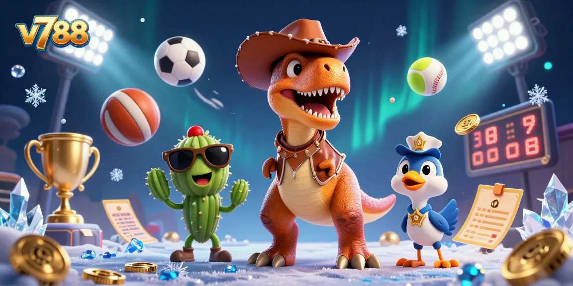 Engage with thrilling v788 gaming action depicted by a dinosaur cowboy and friends in dynamic 3D illustration.