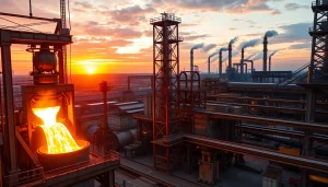 Molten steel pouring at a modern steel mill, showcasing industrial strength and innovation.