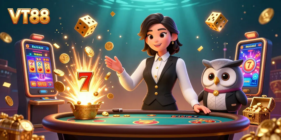 Experience the thrill of gambling with VT88 at a dynamic baccarat table, featuring a charming Asian dealer and vibrant slot machine elements.
