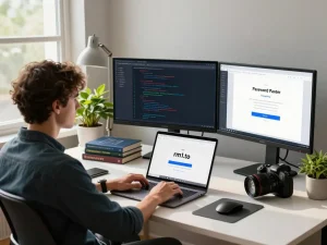 User at a modern desk accessing the rm1.to login, showcasing a secure and user-friendly workspace.