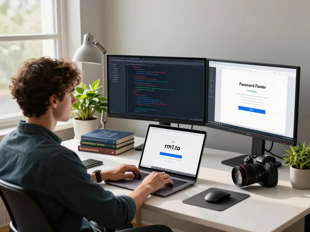 User at a modern desk accessing the rm1.to login, showcasing a secure and user-friendly workspace.