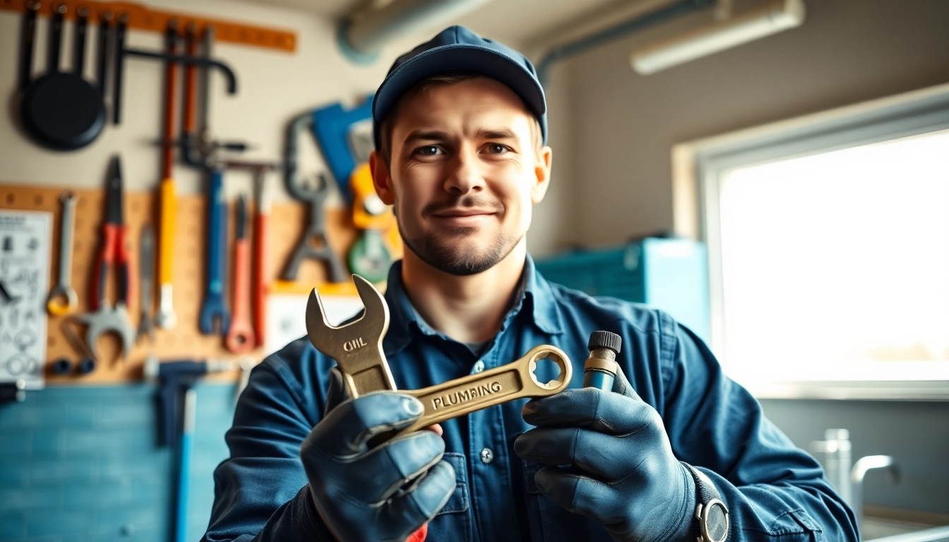Find a reliable plumber near me showcasing tools and expertise in a workspace.