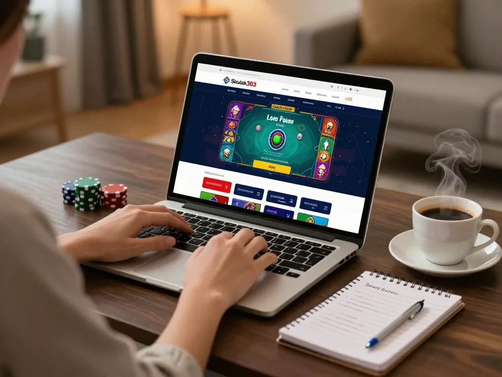 Situs Poker Lapak303 online gaming setup with warm lighting and strategic notes