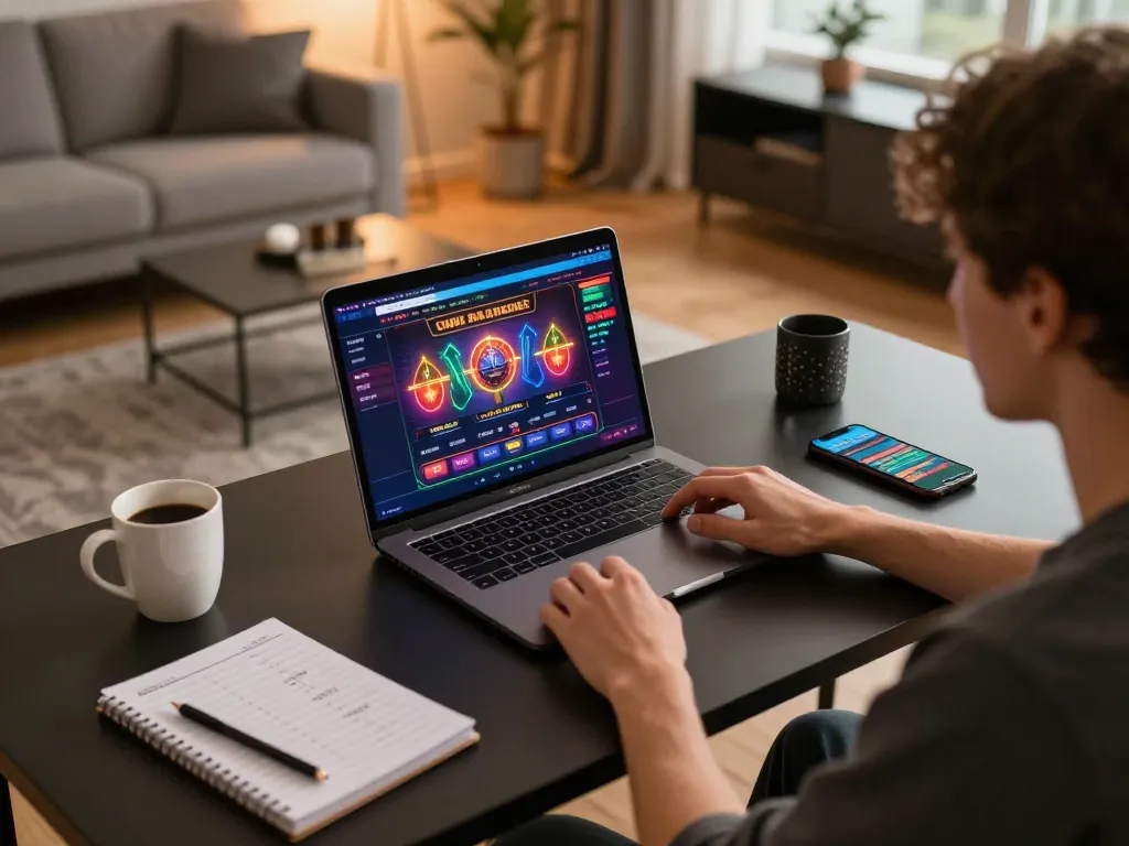 Engaging in online gambling on a laptop while exploring itwshow for effective strategies.