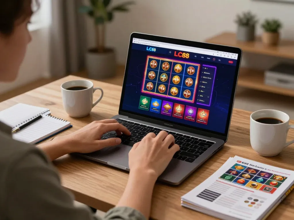 Engaged player strategizing on LC88 vin casino platform in cozy home setup.