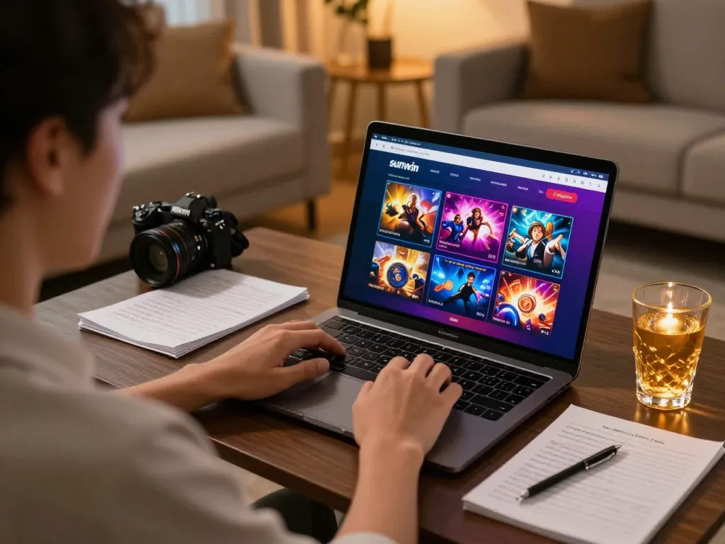 Engaging with sunwin online casino platform on laptop surrounded by strategy notes