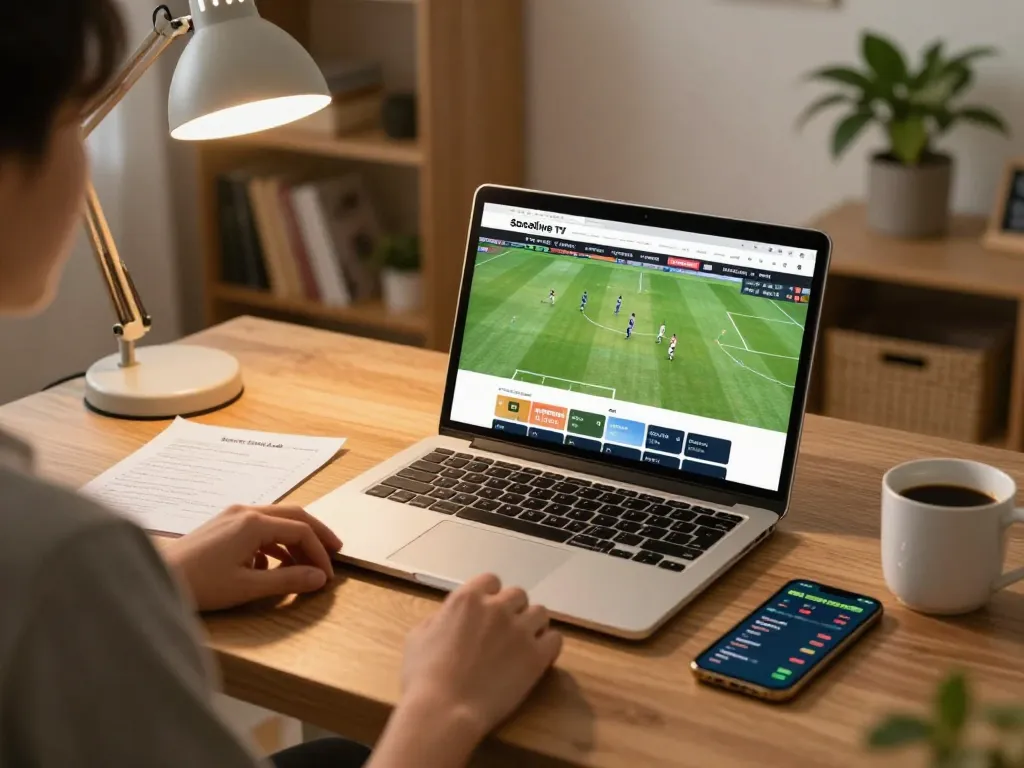 Socolive TV xem bong da streaming a live match on a laptop, showcasing an engaging home gaming setup with cozy atmosphere.