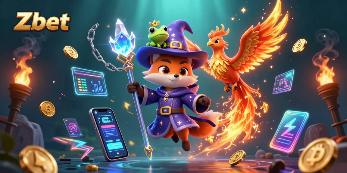 Experience Zbet's enchanting world with a wizard fox and phoenix in a vibrant crypto casino scene.