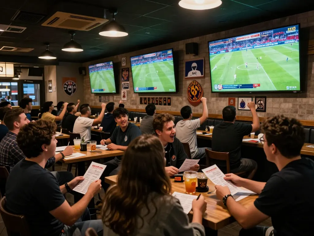 Xoilac TV fans cheering for their teams while engaging in live sports betting at a packed sports bar