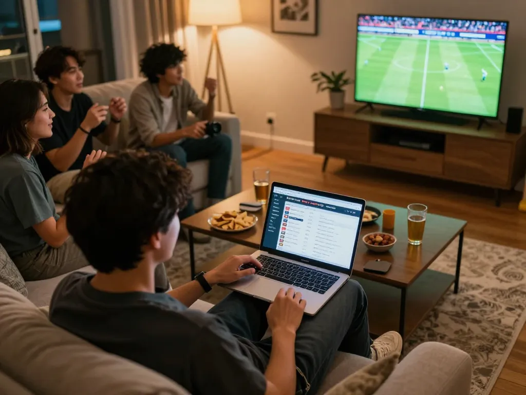 Socolive TV xem bong da setup showing a lively home sports betting atmosphere with friends and snacks