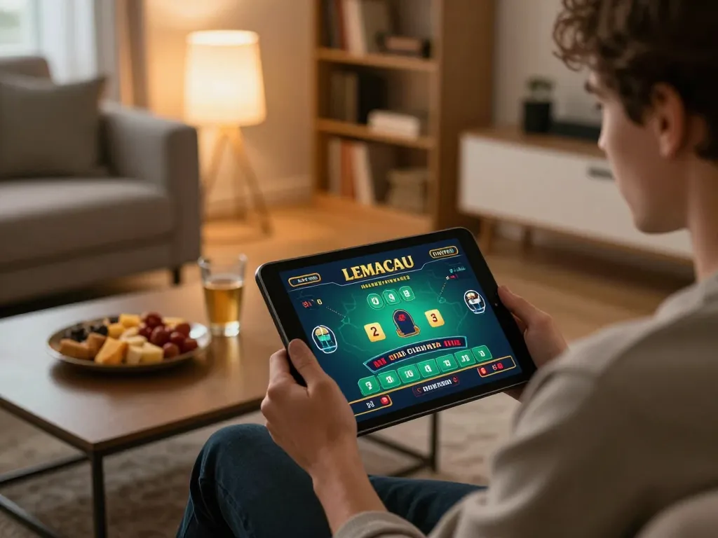 Play live dealer games at home with LEMACAU on tablet, cozy scene.