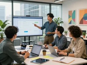 Team collaborating on WPS software development project in a modern office.