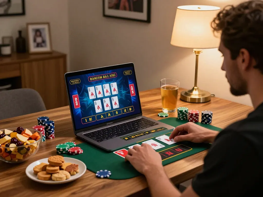 A player engaging with DA88 online gaming interface, showcasing cards and chips on a laptop in a cozy home setting.