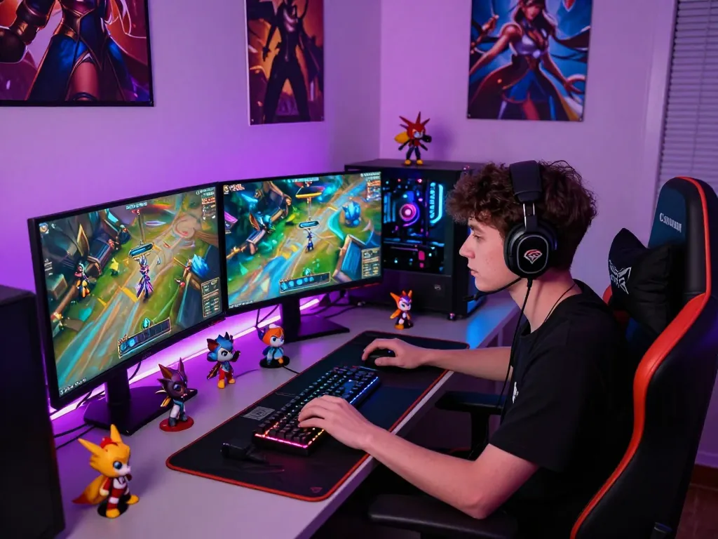 Delve into League of Legends skins with vibrant gaming setup highlighting popular champions.