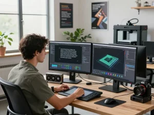 Designer generating CAD models from text descriptions in a modern workspace, showcasing text to cad.