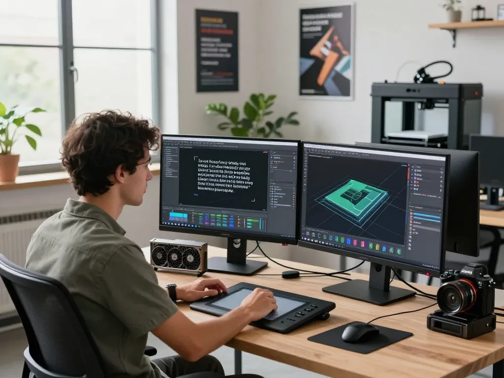 Designer generating CAD models from text descriptions in a modern workspace, showcasing text to cad.