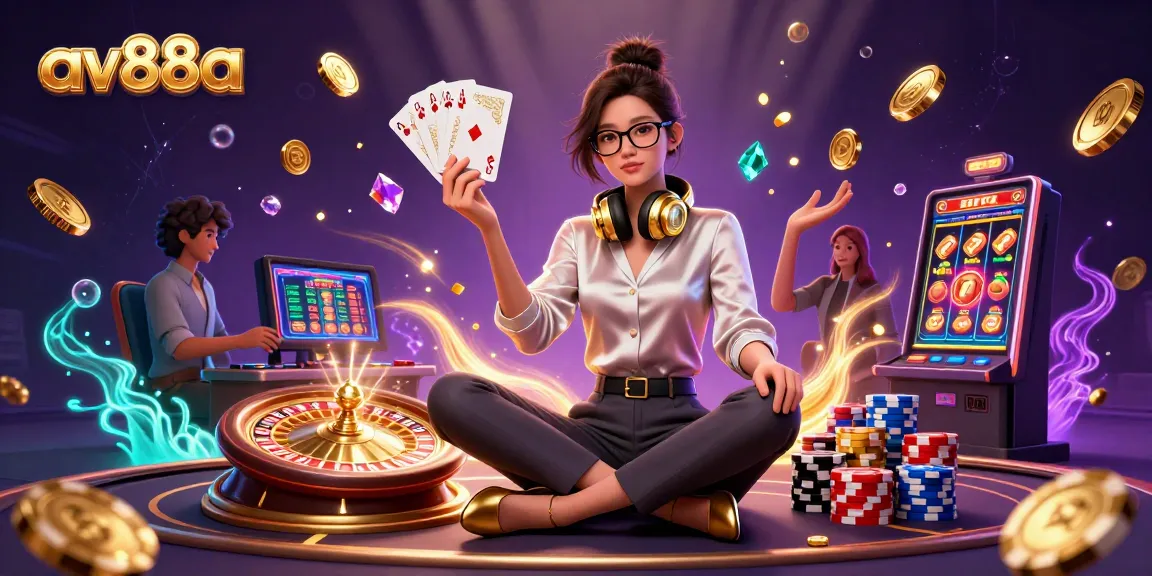 Engage with av88a as a professional gamer at a high-tech casino gaming setup.