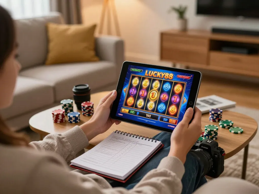 Playing the lucky88 slot game on a tablet in a cozy home setting, vibrant reels visible.