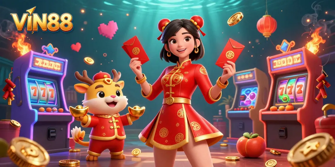 Experience thrilling slots action at VIN88 with vibrant scenes of jackpots, gold, and festive elements.