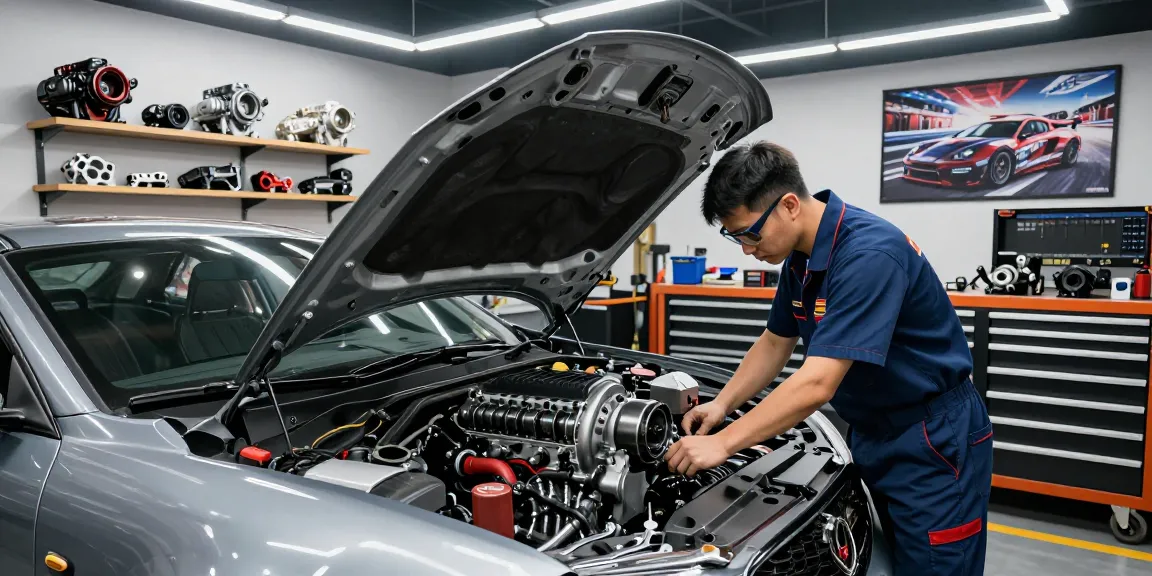 Hands installing supercharger kits in a performance vehicle garage, showcasing tools and vibrant engine components.