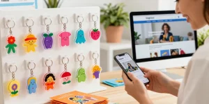 Custom acrylic keychain display at an inviting e-commerce setup, showcasing vibrant designs and colors.