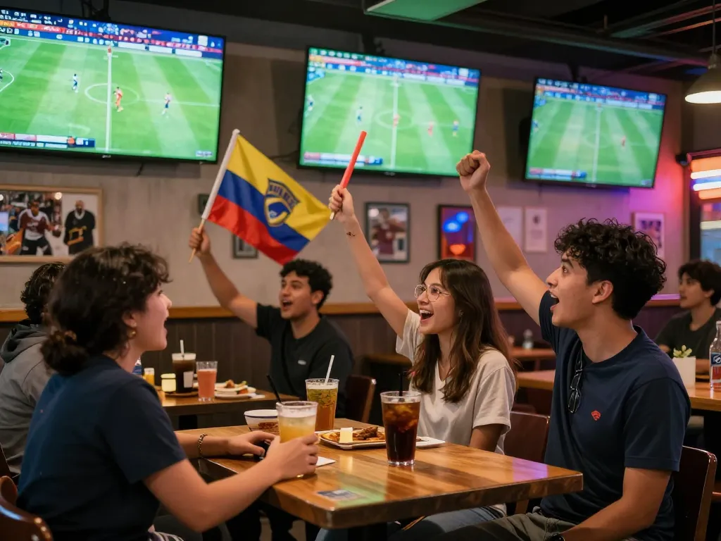 Socolive TV xem bong da live soccer viewing experience at sports bar with excited fans cheering.
