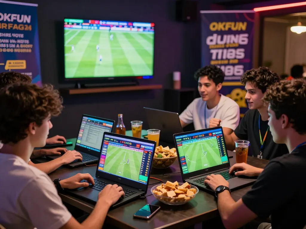 Exciting sports betting session at https://okfun.onl/ with friends celebrating live soccer matches and vibrant online odds.