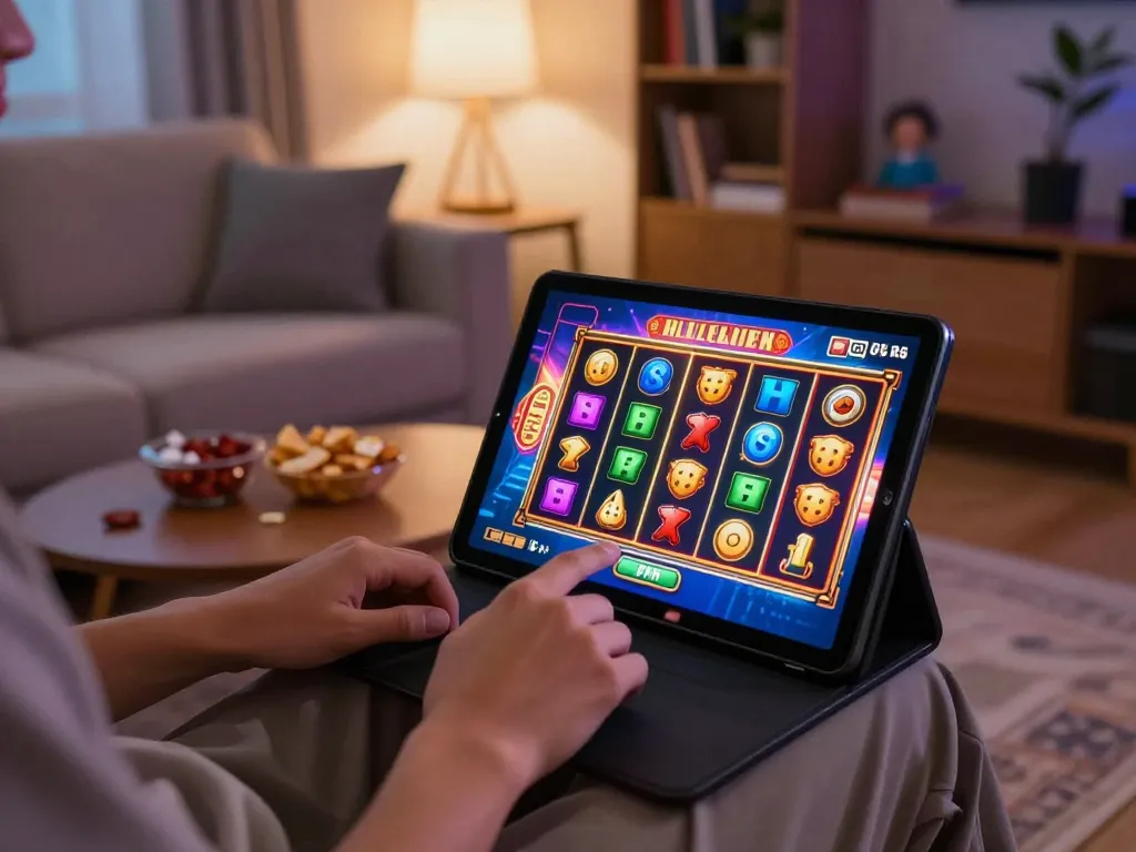 Engaging gameplay on five88 tablet slot machine in cozy home setting showcasing responsible gaming.