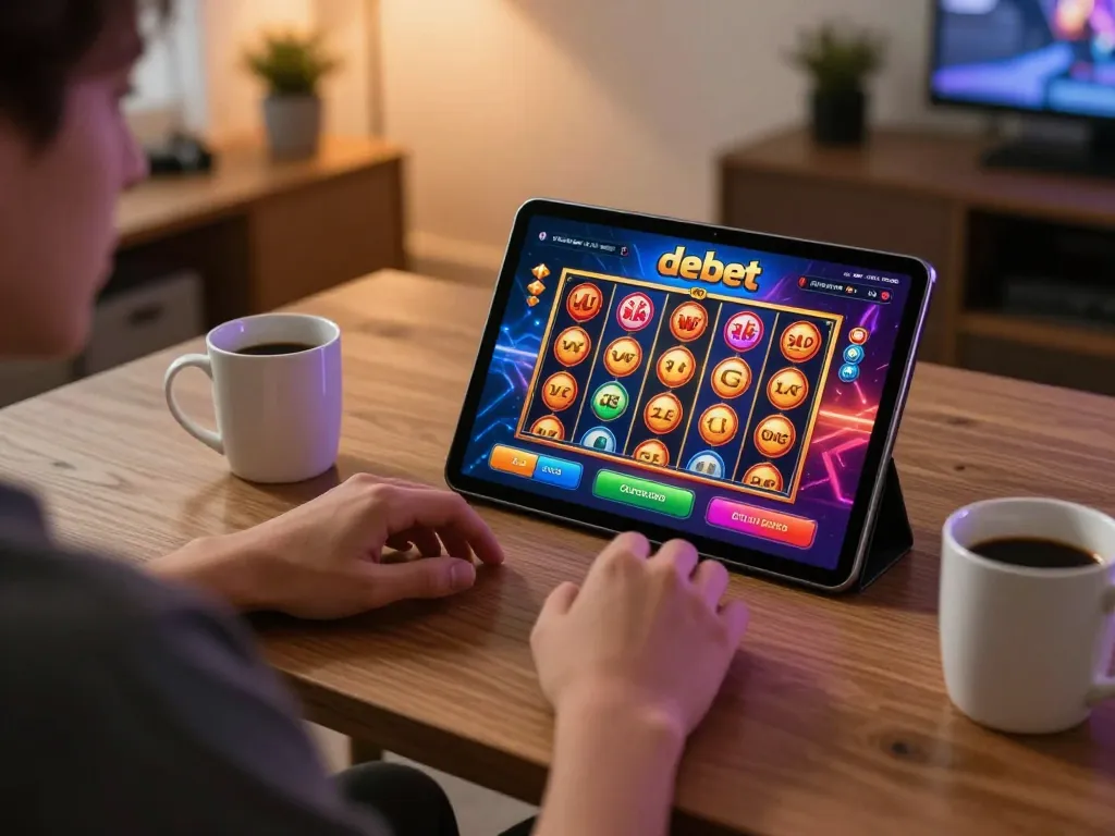 Player engaging with the debet casino app on a tablet, showcasing a vibrant online gaming environment.