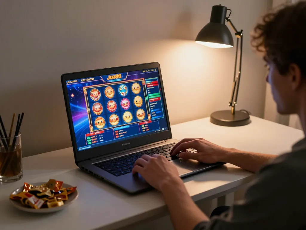 Engaged player experiencing Jun88 slot games on a modern laptop at home