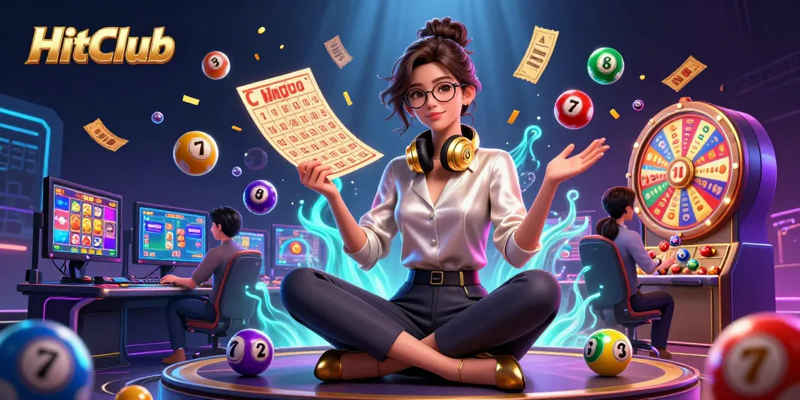Engage with HitClub's vibrant casino experience, featuring a stylish Asian woman at a dynamic gaming setup surrounded by lottery elements.