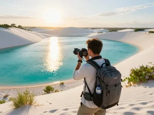 Blue Lake Bintan featuring a traveler capturing stunning landscapes with vibrant turquoise waters and white sand dunes.