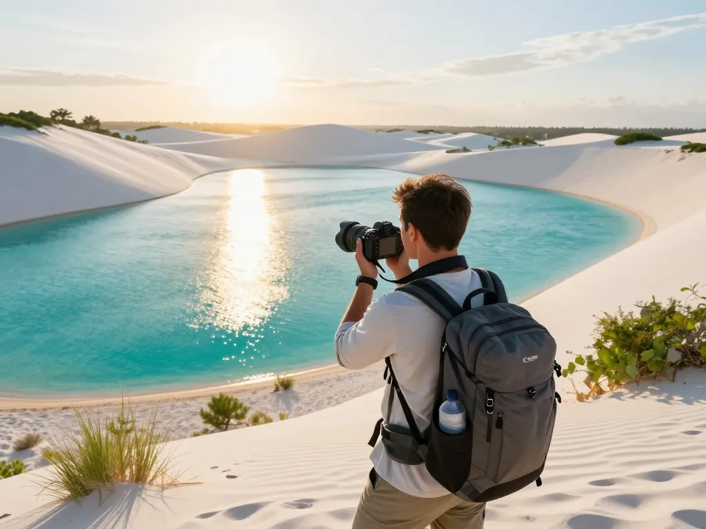 Blue Lake Bintan featuring a traveler capturing stunning landscapes with vibrant turquoise waters and white sand dunes.