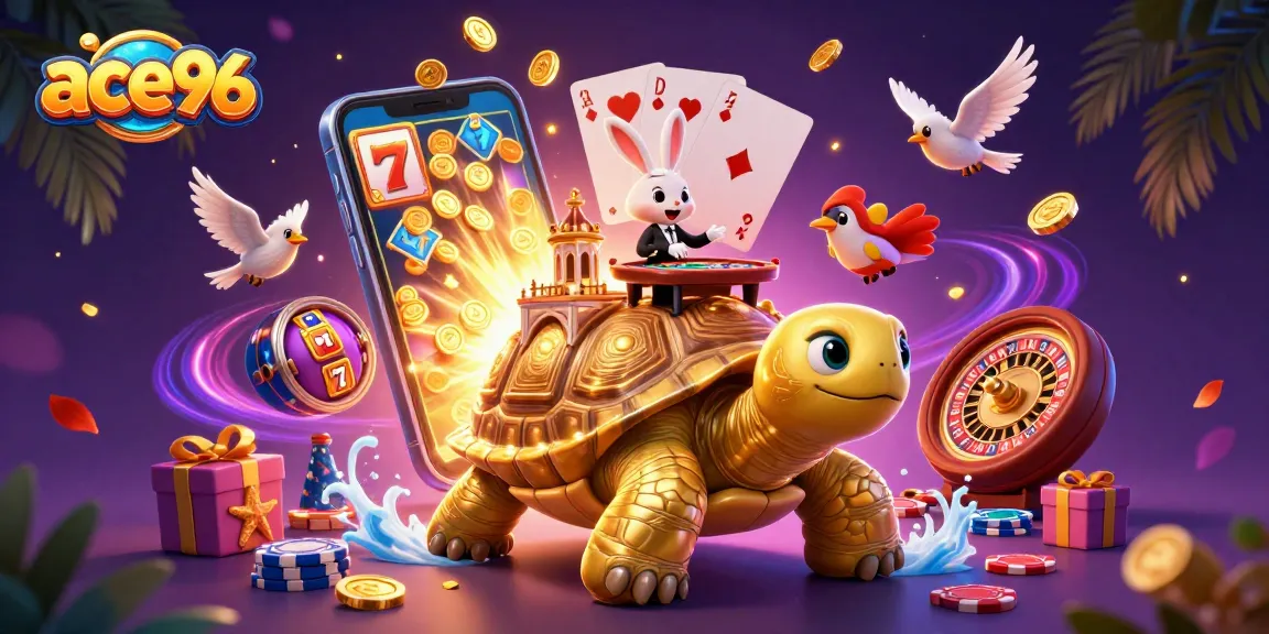 Experience the thrill at ace96 with vibrant casino elements featuring a golden tortoise and exciting games.