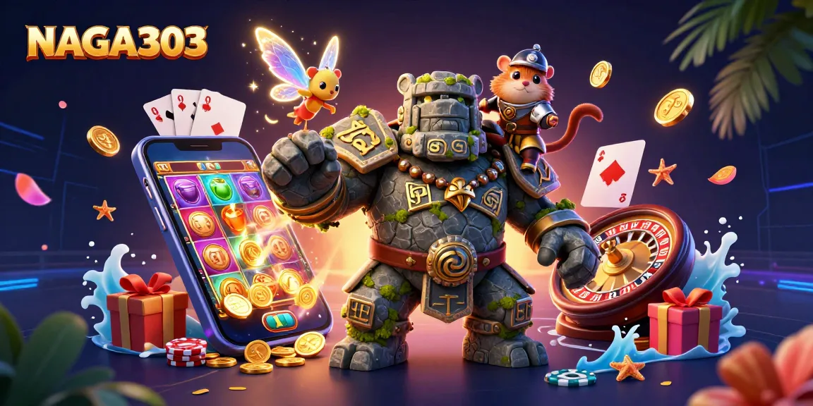 NAGA303 delivers epic gaming action with vibrant characters and casino elements in a colorful fantasy world.
