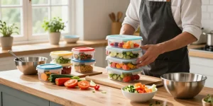 Airtight food storage containers maintaining freshness of ingredients in a bright kitchen.